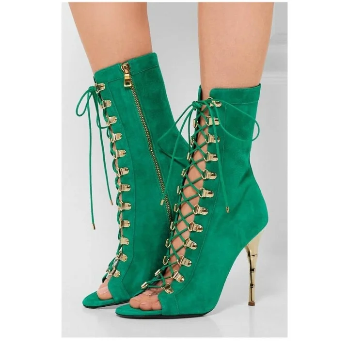 Green Lace Up Mid-calf Booties Vdcoo