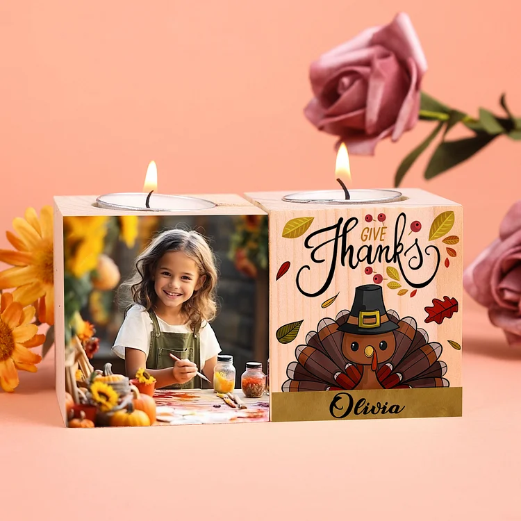 Give Thanks Wooden Candle Holder Customized Photo Candlesticks Thanksgiving Gifts for Family Friends