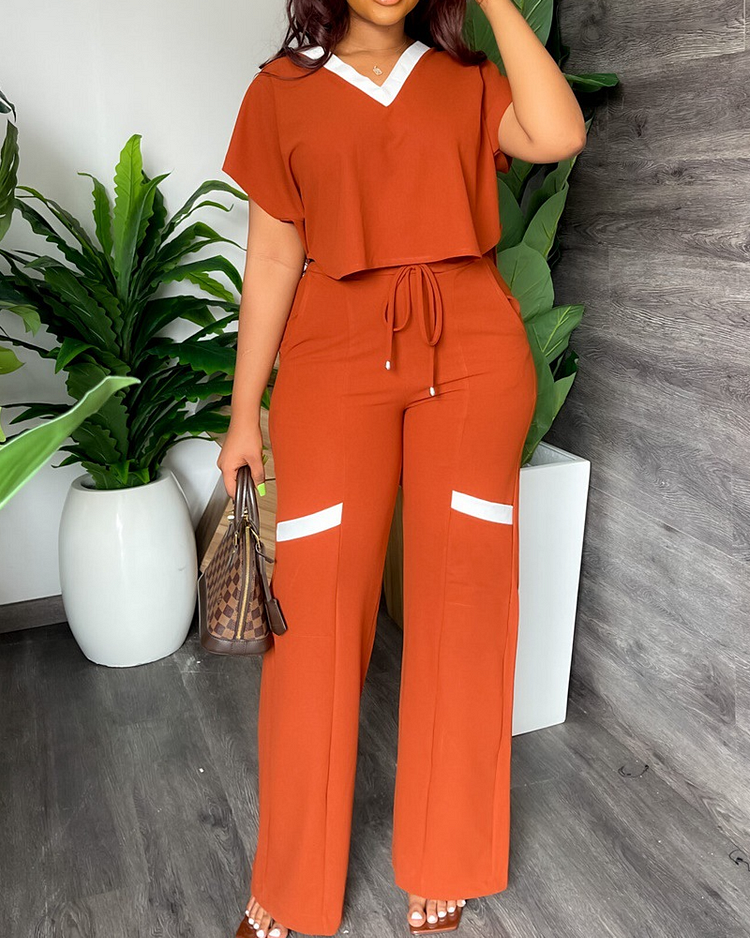 Solid Color Casual Short-Sleeved T-shirt Sports Suit Straight-Leg Pants Two-Piece Set VangoghDress