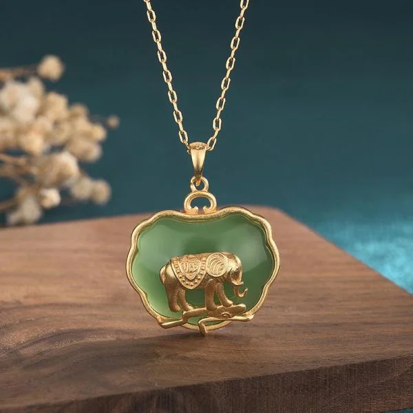 Natural Cyan Jade Elephant Healing Pendant Necklace