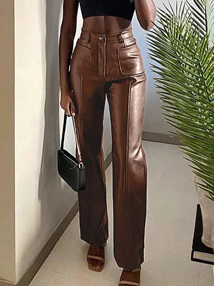 Brown Pu Leather High Waist Straight Pants