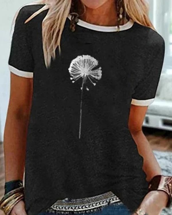 vintage short sleeve statement dandelion printed crew neck plus size casual tops p257248