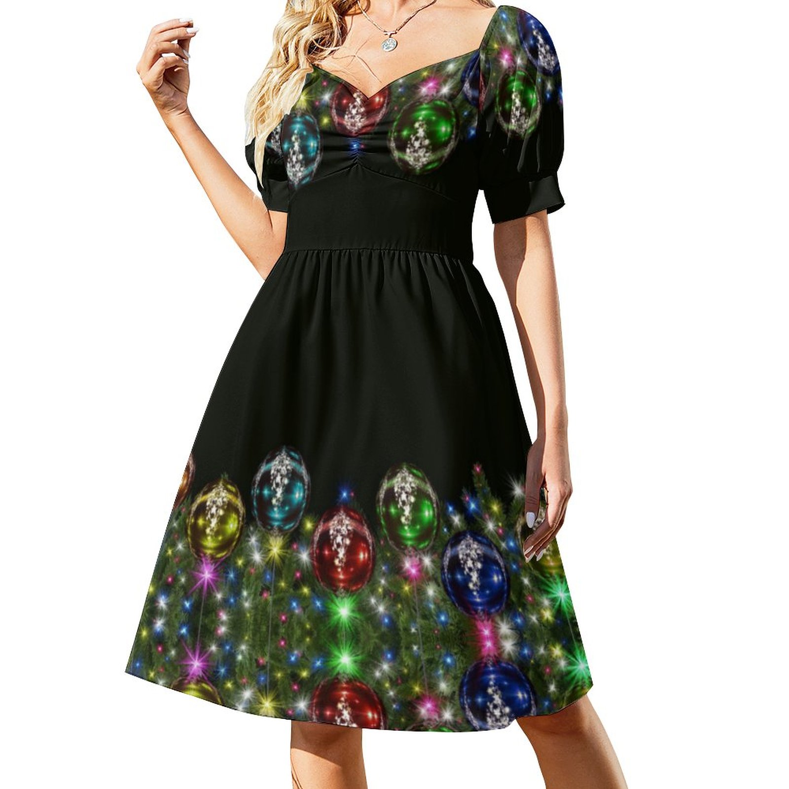 princess polly baby blue dress Christmas Colorful Ornaments Holidays Black Dress Women Boho High Waist Flared Puff Sleeve Cute Sweetheart Midi Dress Black-2XS