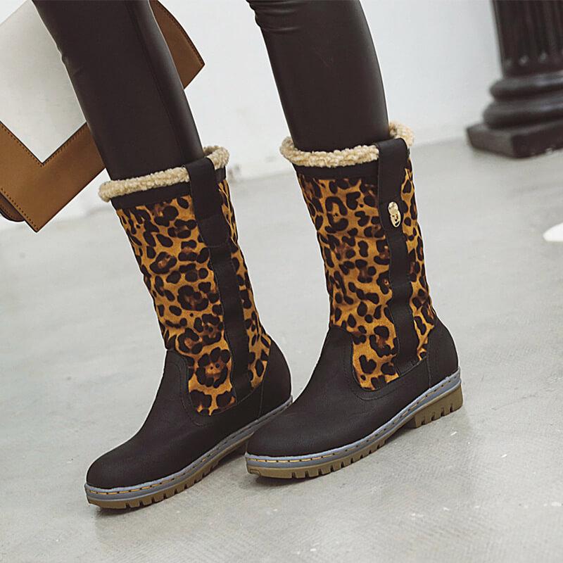 VCSHOES Leopard Print Chunky Low Heel Suede Calf Boots