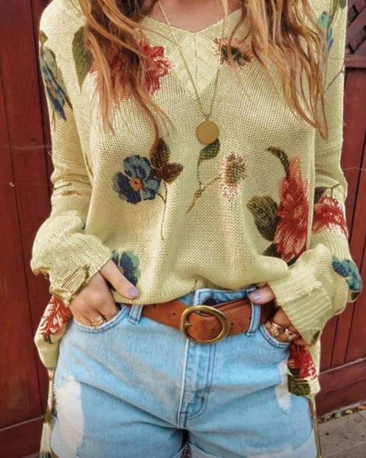 Floral Print Split Hem Drop Shoulder Sweater - Shop Trendy Women's Clothing | LoverChic
