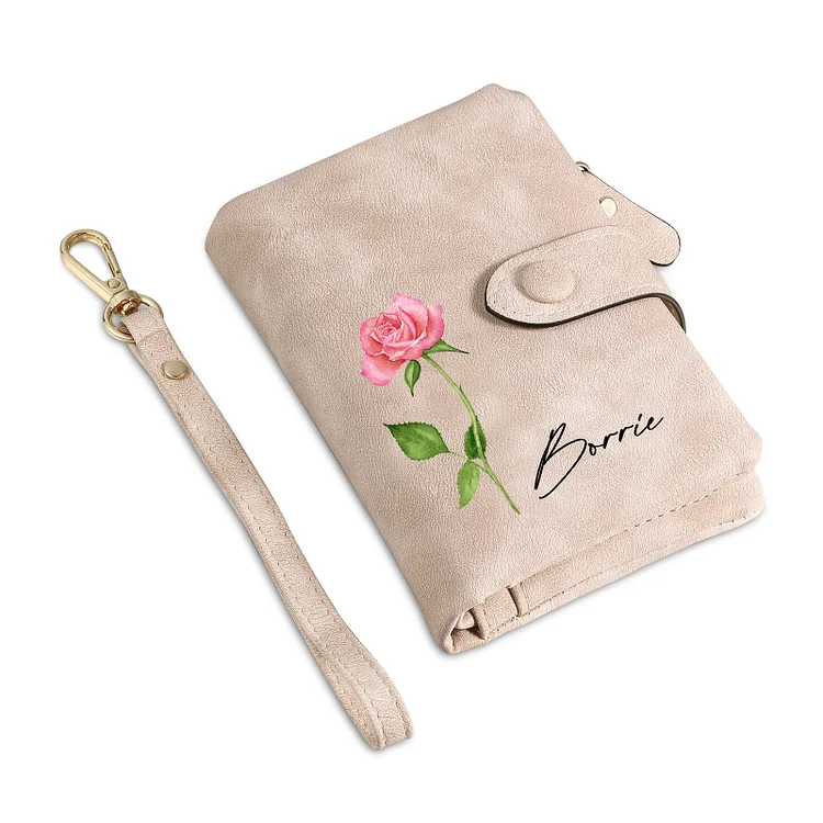 Personalized Women's Leather Wallet Custom 1 Birth Flower & 1 Name Wallet Gift for Her