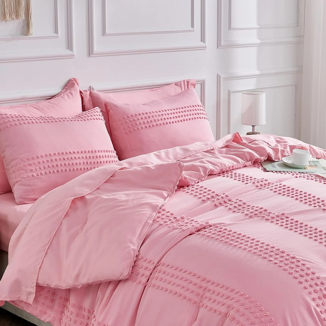 Qucover Comforter Set - Boho Bedding Sets 3 Size, 3 PCS Tufted Comforter with Pom Pom Design for All Season, Lightweight Soft Microfiber Cooling Comforter with 2 Pillow Cases
