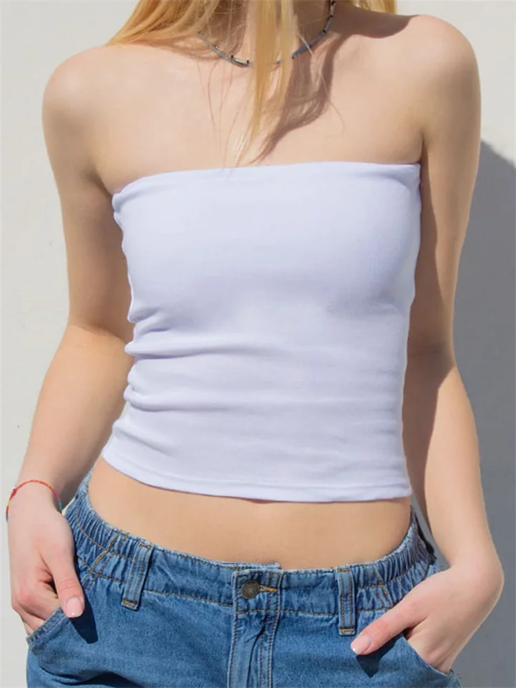 Zingj Women Sexy Strapless Tube Tops Off Shoulder Sleeveless Bustiers Crop Tops Y2K Backless Slim Fit Tank Vest Streetwear