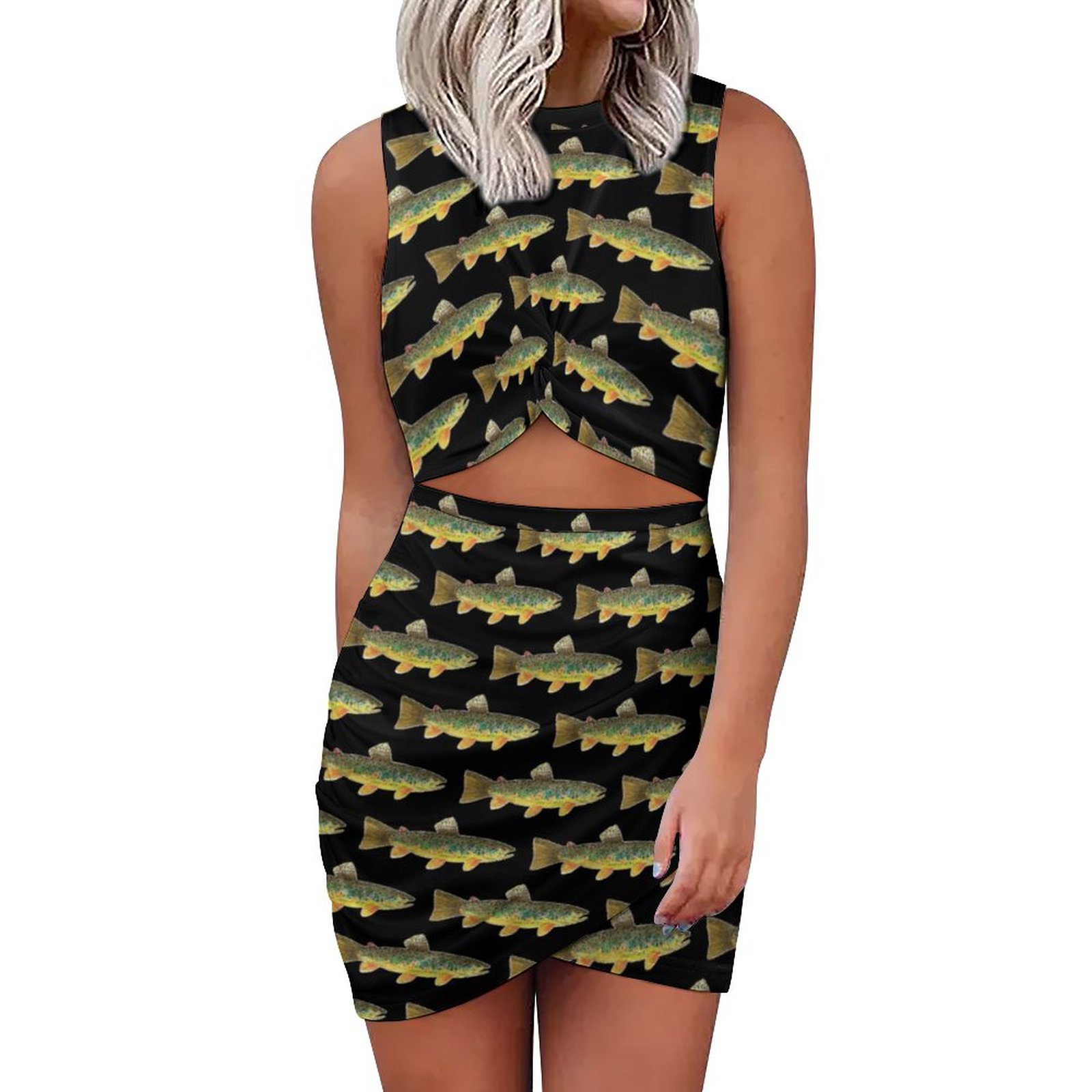 Cool Brown Trout Fly Fishing Fisherwoman Fun Women's Sexy Cutout Twist Front Bodycon Dress Sleeveless Slim Fit Wrap Hem Mini Tank Dress Brown-5XL