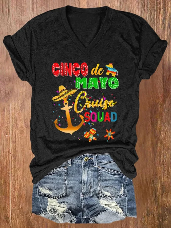 V-neck Retro Cinco De Mayo Anchor Cruise Squad Print T-Shirt
