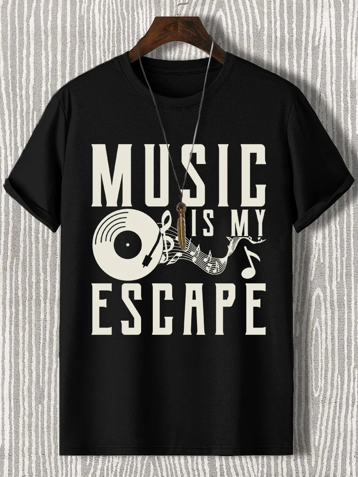 Men's Music Is My Escape Record Notes Print Cotton Casual T-Shirt