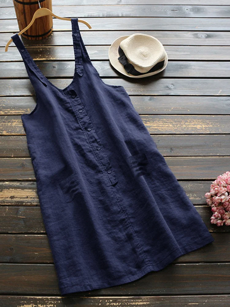 Loose Linen Bib Skirt Pocket Dress socialshop