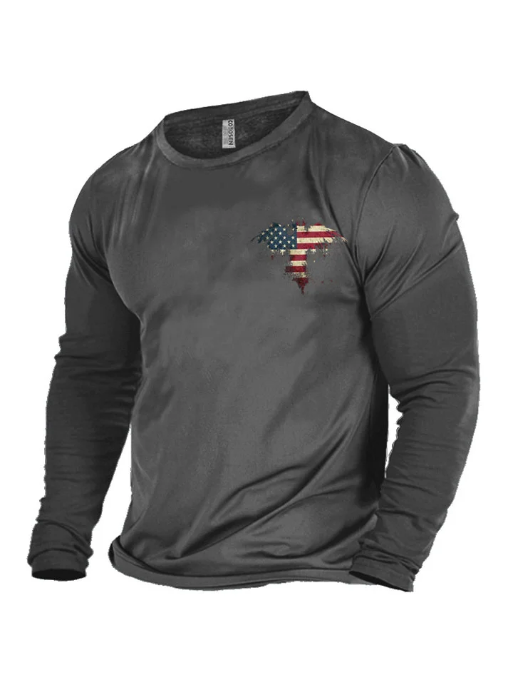American Retro Street American Flag Print Long-sleeved Top Cotton Round Neck Men's Bottoming Clothes-JRSEE