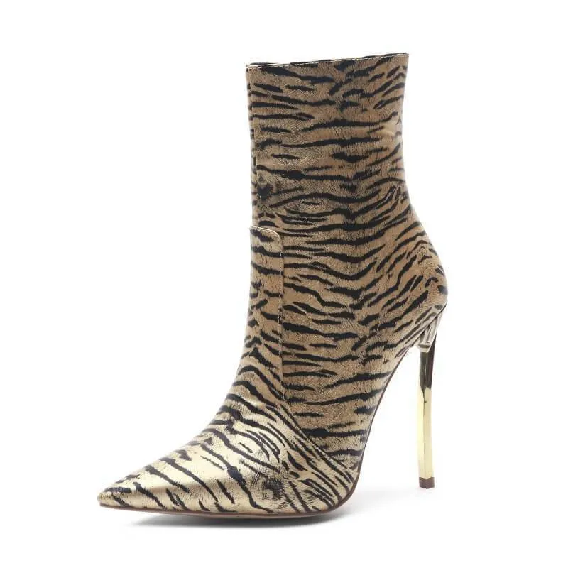 VCSHOES Tiger Print Pointed Toe Zipper High Heel Ankle Boots
