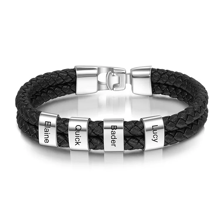 Men Leather Braided Bracelet with Beads Engraved 4 Names Black