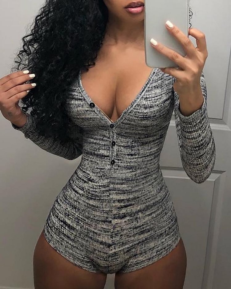 Long Sleeve Button Design Deep-V Romper P13298