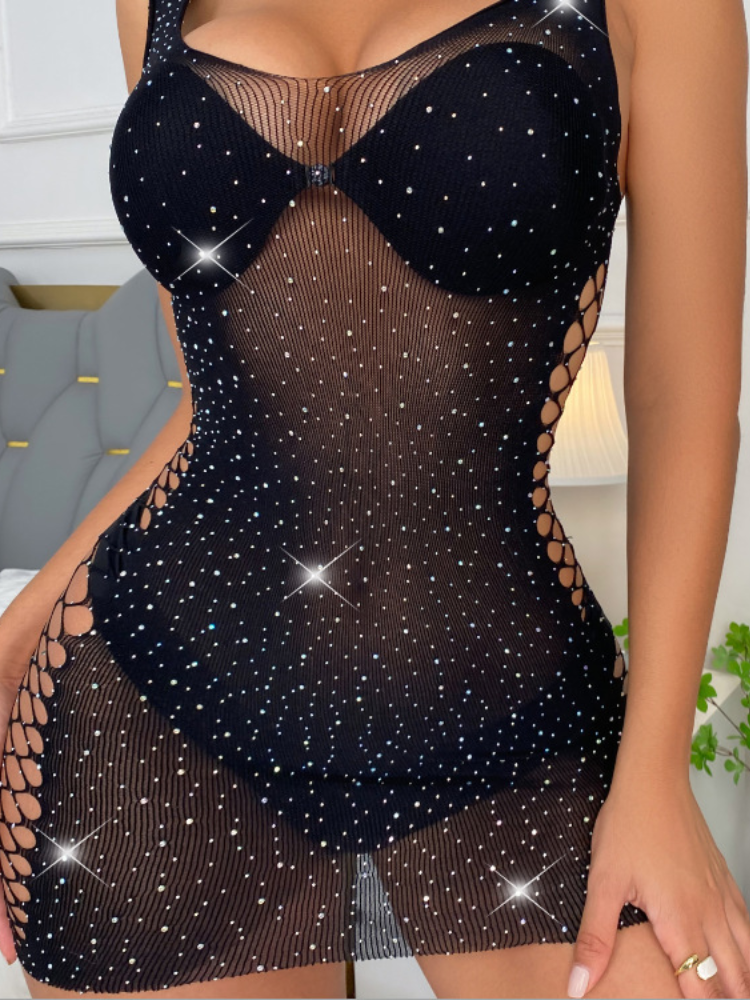 Wine Red Rhinestone Sheer Bodystocking for Women – Full Sleeve Sexy Net Lingerie