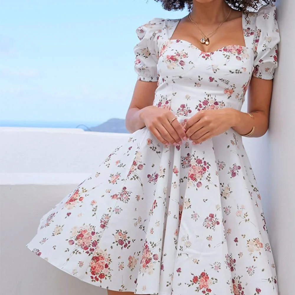 Women Casual Sweet Floral Printing Dress  Square Collar Backless Puff Sleeve Mini Dress 2023 Summer High Waist Boho Dresses
