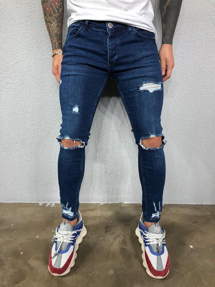 Exclusive High Quality Men's Ripped Small Feet Jeans Ripped Stretch Jeans New Style_ ecoleips_old
