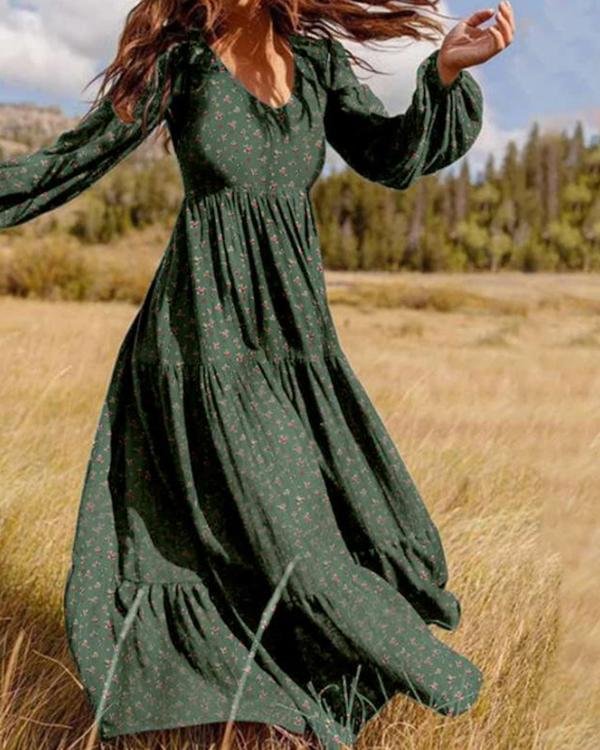 Floral Print A-Line Ruffle Hem Long Sleeve Maxi Dress - Chicaggo