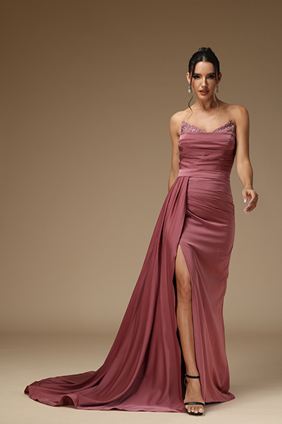 Daisda Strapless Sleeveless Pleated Split Prom Dress With Ruffles