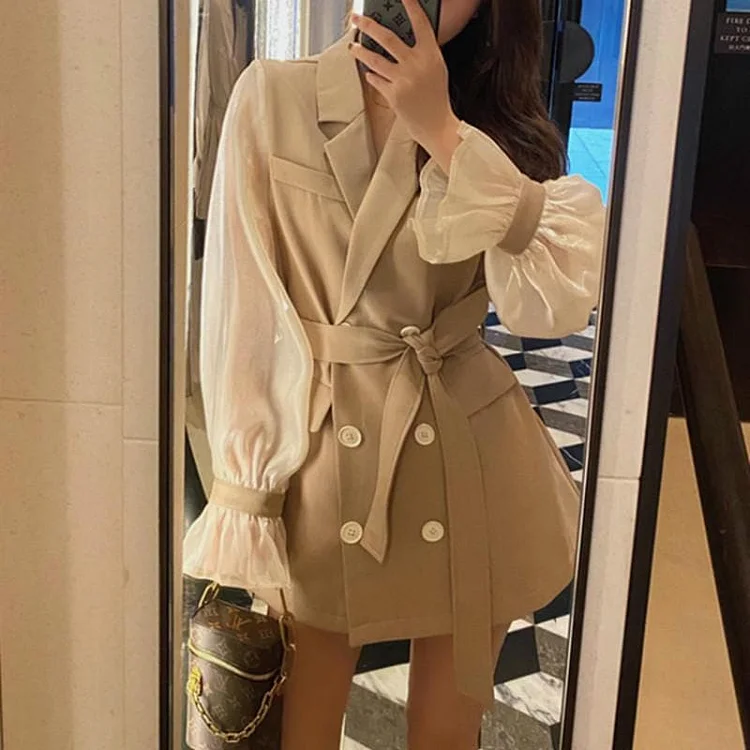 Beige Falbala Sleeve Patchwork Suit Dress SP14781