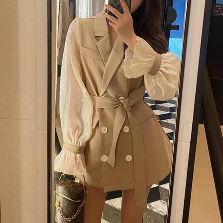 Beige Falbala Sleeve Patchwork Suit Dress SP14781