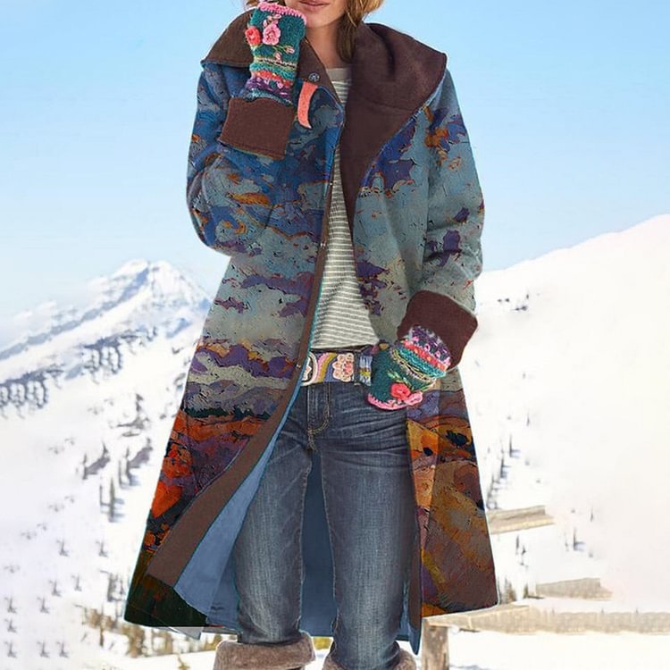 Casual Printed Hooded Long Sleeve Coat