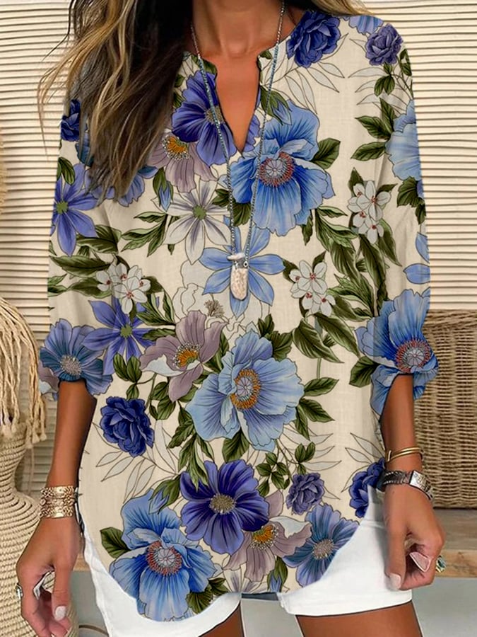 Flowers Print Casual Long Sleeve Comfortable Cotton Shirt main image 0