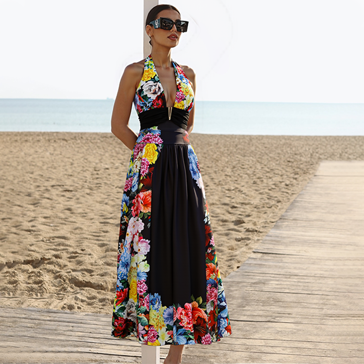 Halter Floral Printed One Piece Swimsuit and Skirt