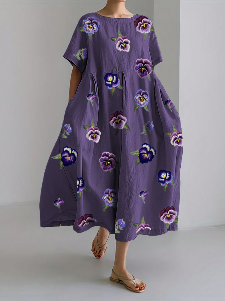 Pansy Floral Embroidery Linen Blend Maxi Dress