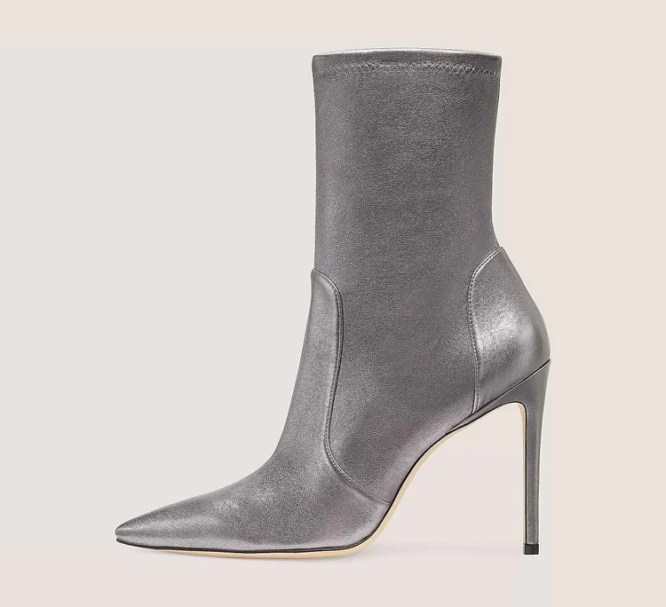 Silver Pointed Toe Ankle Boots Party Stiletto Heel Sock Booties |FSJ Shoes