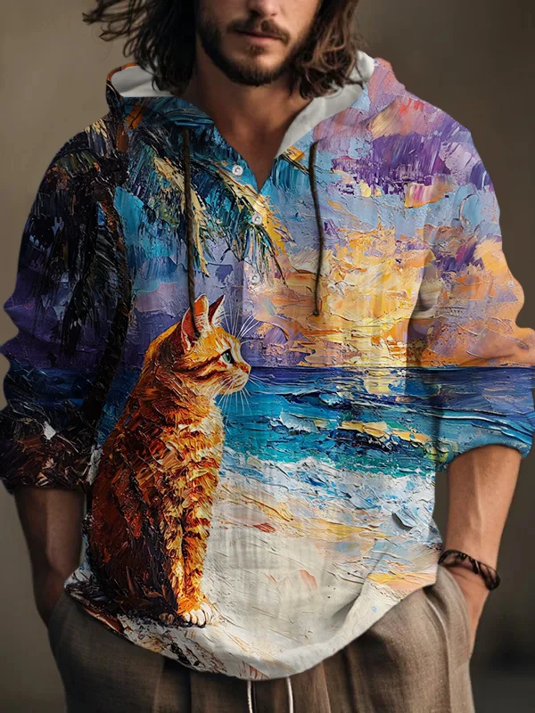 Men's Cat Watching Sunrise At The Seaside Landscape Oil Painting Art Print Hooded Shirt