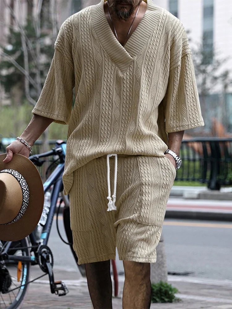 Men's Retro Jacquard Knit V Neck 3/4 Sleeve Shirt Drawstring Shorts Two Piece Set