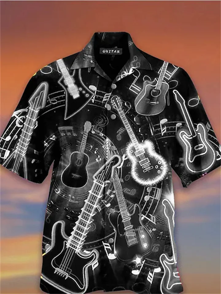 Men's Shirt Camp Shirt Graphic Shirt Aloha Shirt Musical Instrument Turndown Green Black Blue Purple Gray 3D Print Holiday Short Sleeve 3D Print Clothing Apparel Designer Beach-JRSEE