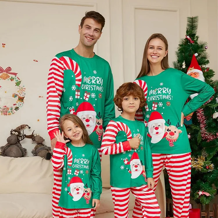 2023 Merry Christmas Santa Reindeer Cartoon Print Stripes Family Matching Pajamas