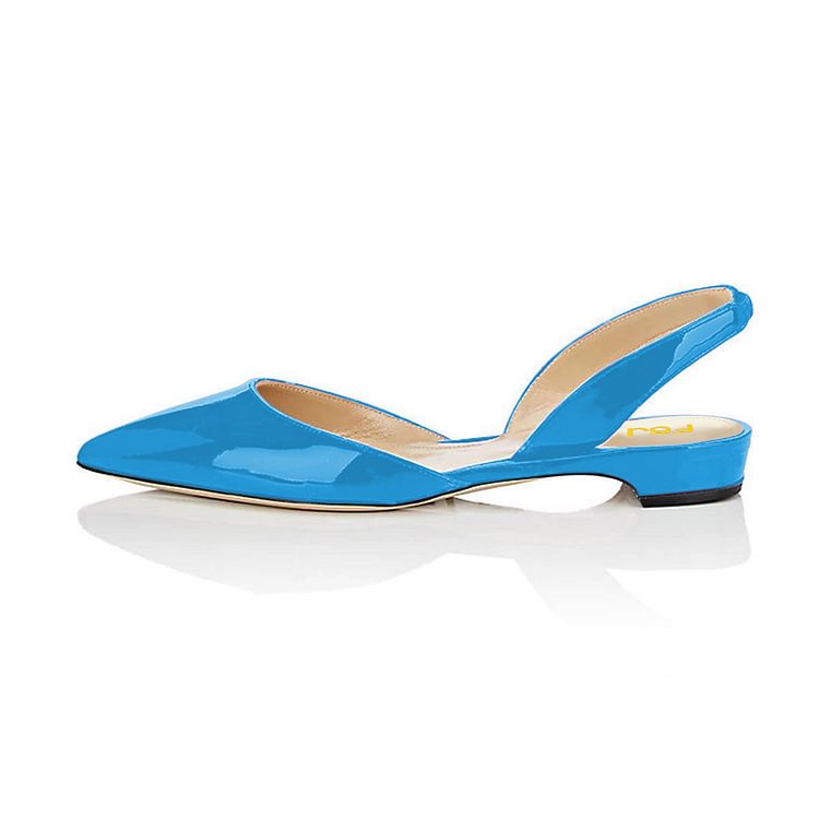 Blue Patent Leather Slingback Shoes Pointy Toe Comfortable Flats |FSJ Shoes