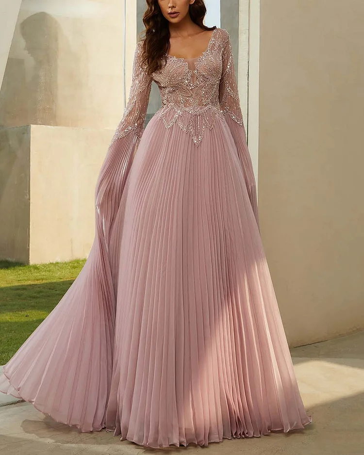 Sequined Pleated Maxi Long Sleeve Dress Gown