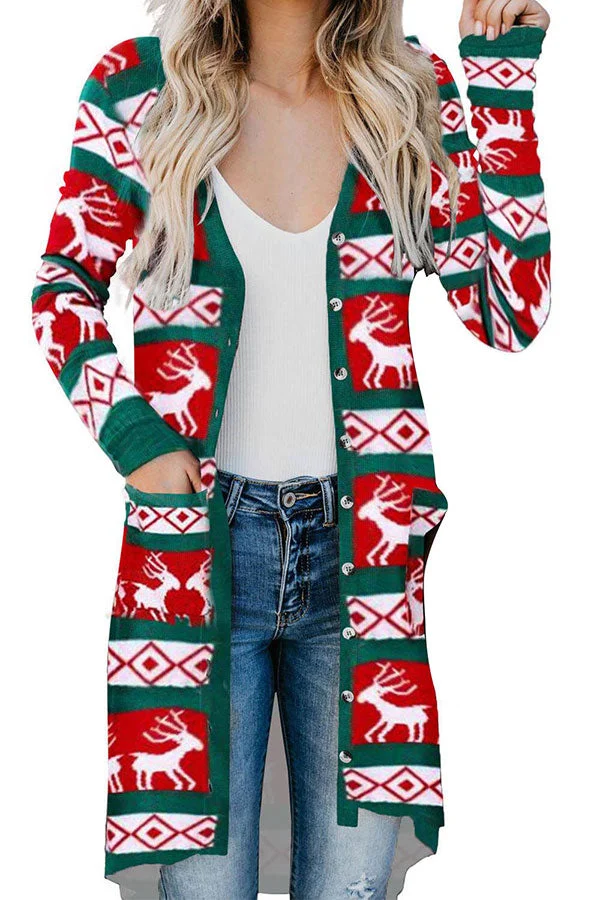 Christmas Reindeer Print Long Cardigan Green-elleschic