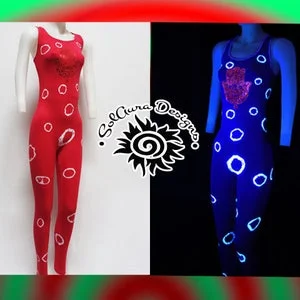 pornhint Pornhint BUBBLES - One Size Fits SMALL - LARGE Tie Dyed Red and White Catsuit, Fluorescent, Black Light Reactive - Festival Wear, Performance Wear