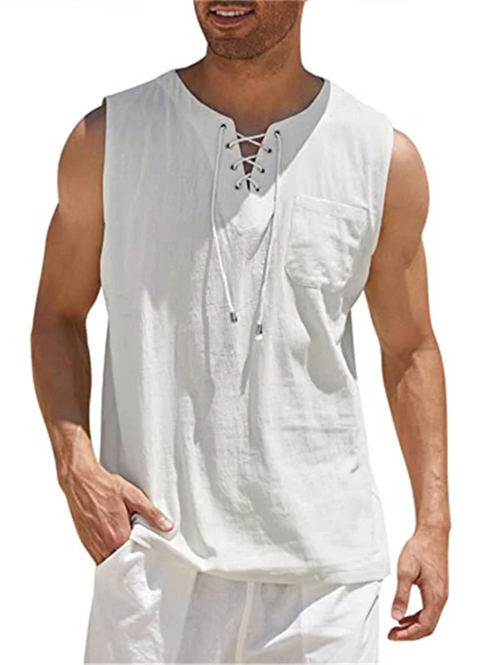 Men's Sleeveless Tops Air Eye Tie Stand-up Collar Men's Pullover Casual Solid Color Shirt-Cosfine