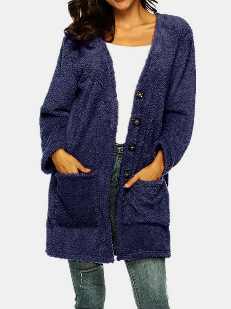 Solid Color Long Sleeve Pocket Cardigan For Women