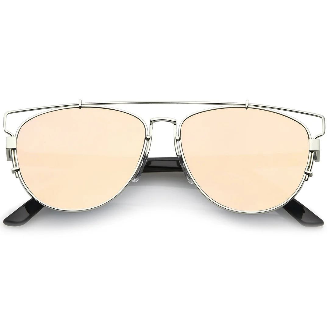 Women's Metal Crossbar Pink Mirror Flat Lens Technologic Aviator glasses 55mm