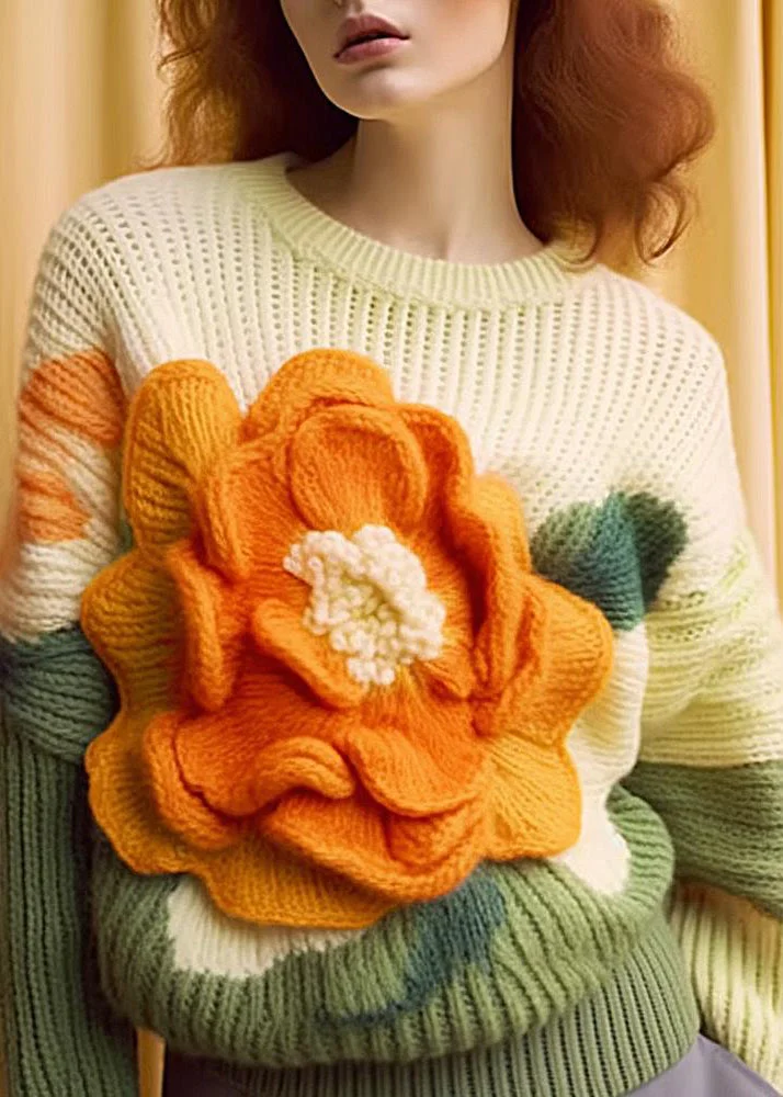Floral Apricot O Neck Cozy Cotton Knit Top Long Sleeve