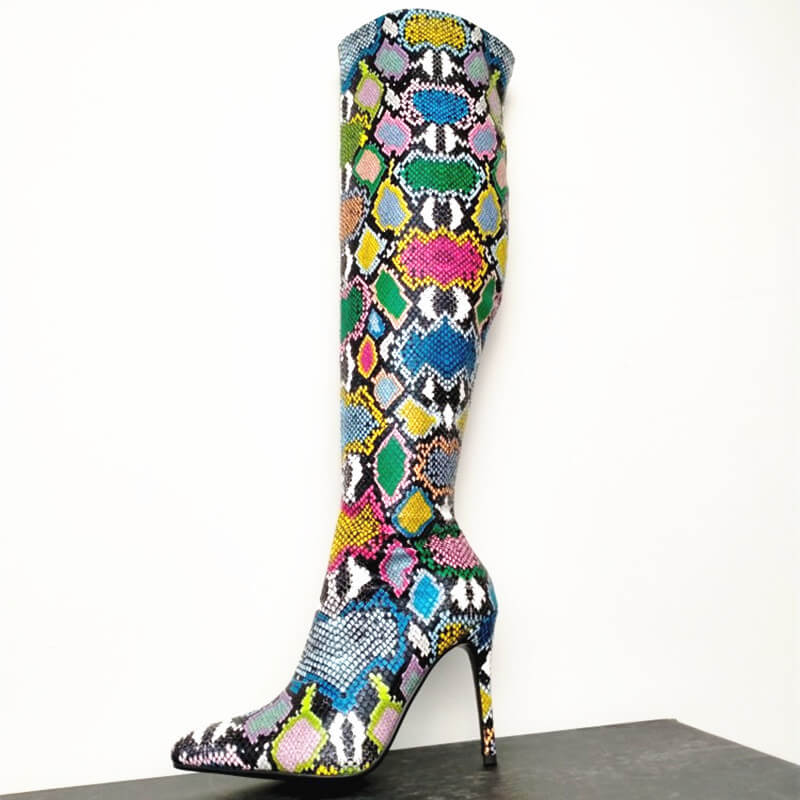 VCSHOES Snakeskin Point Toe Knee High Boots
