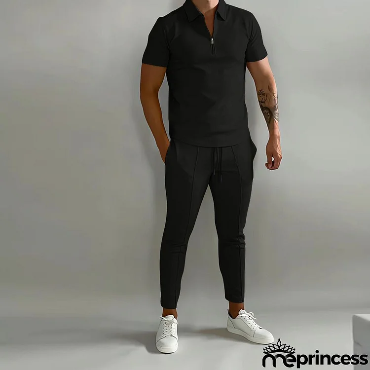 Men's Casual Lapel Short-Sleeved Polo Shirt And Shorts Two-Piece Suit