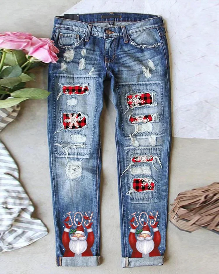 Christmas Joy Santa Claus Snowflake Print Ripped Jeans socialshop