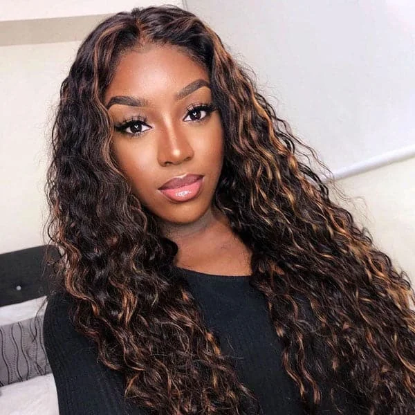 Water Wave Wig Balayage Highlight Hair Honey Blonde Brown Wigs With Baby Hair