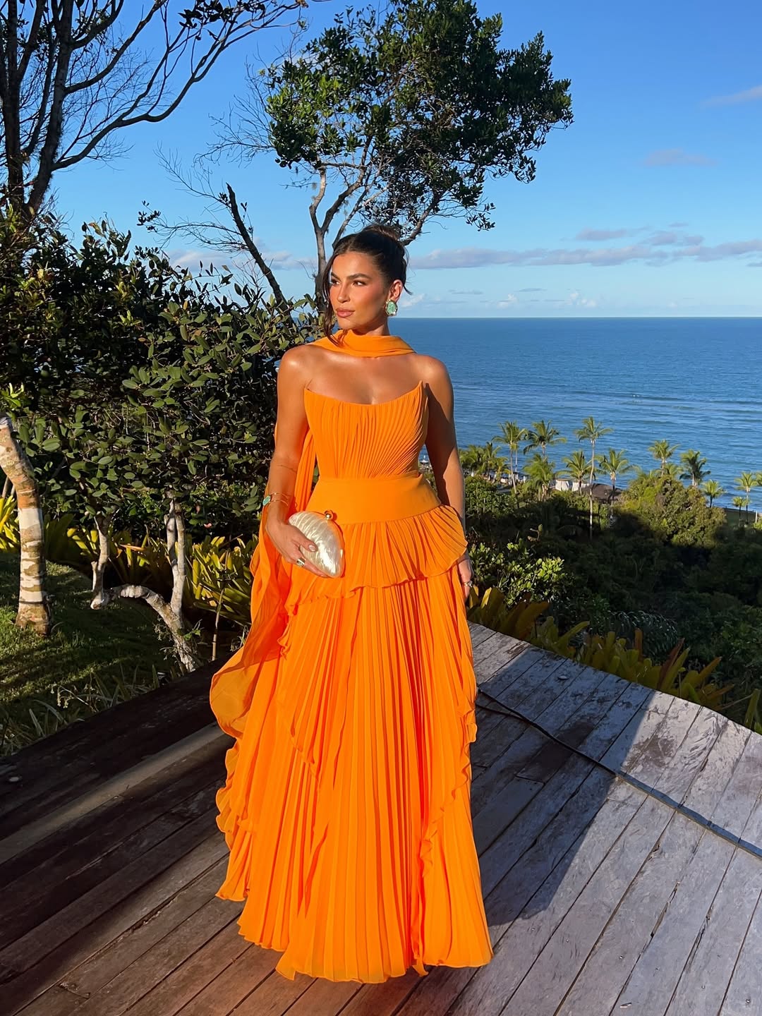 Stylish Orange Chiffon Strapless Sleeveless Long Pleated Prom Dress Ruffles | YQ0013 Wellcucu