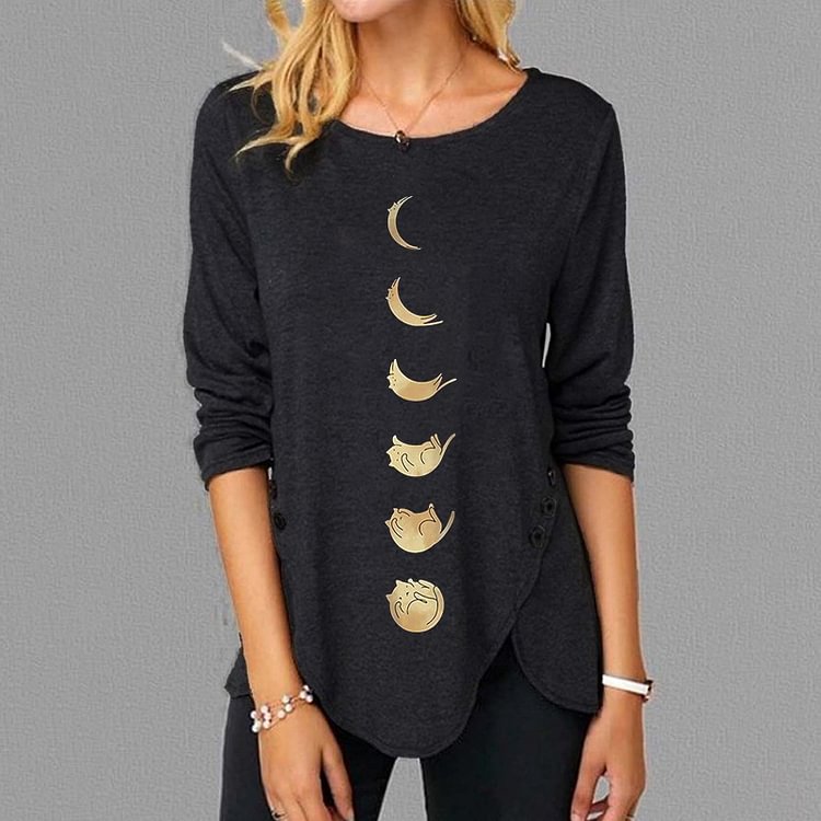 Cat Print Crew Neck Irregular Hem T-Shirt